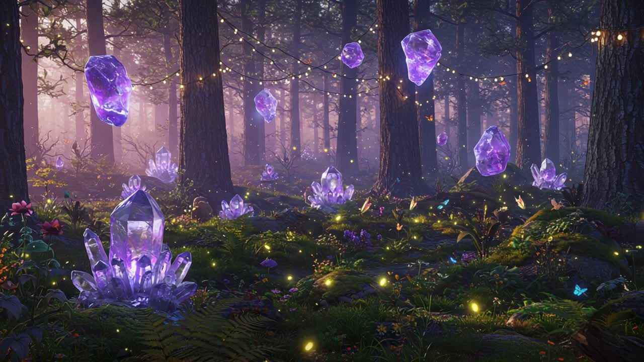 Enchanting Forest Filled with Mystical Purple Crystals and Twinkling Lights, Creating a Magical Ambience for Nature Lovers and Fantasy Enthusiasts Alike