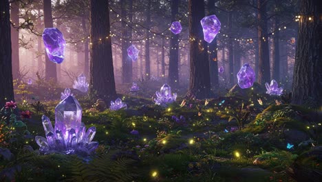 enchanting forest filled with mystical purple crystals and twinkling lights, creating a magical ambience for nature lovers and fantasy enthusiasts alike