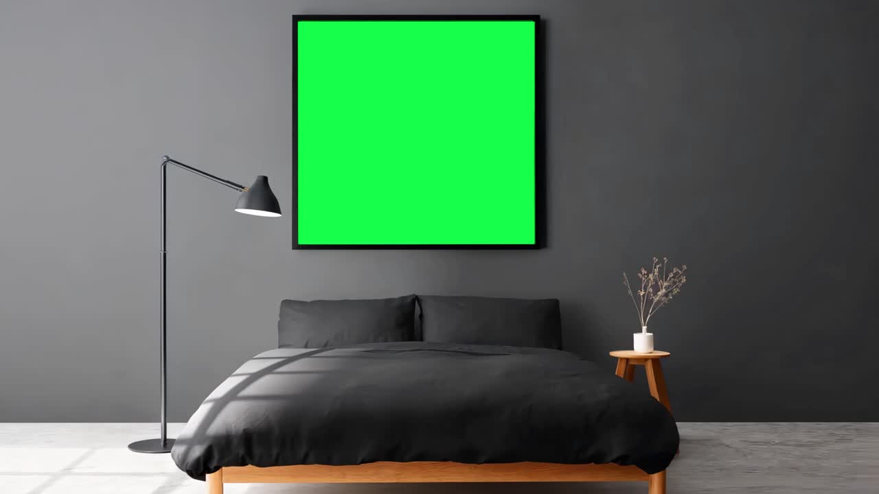 Picture frame live mockup above bed animation, transparent 4K video, green screen