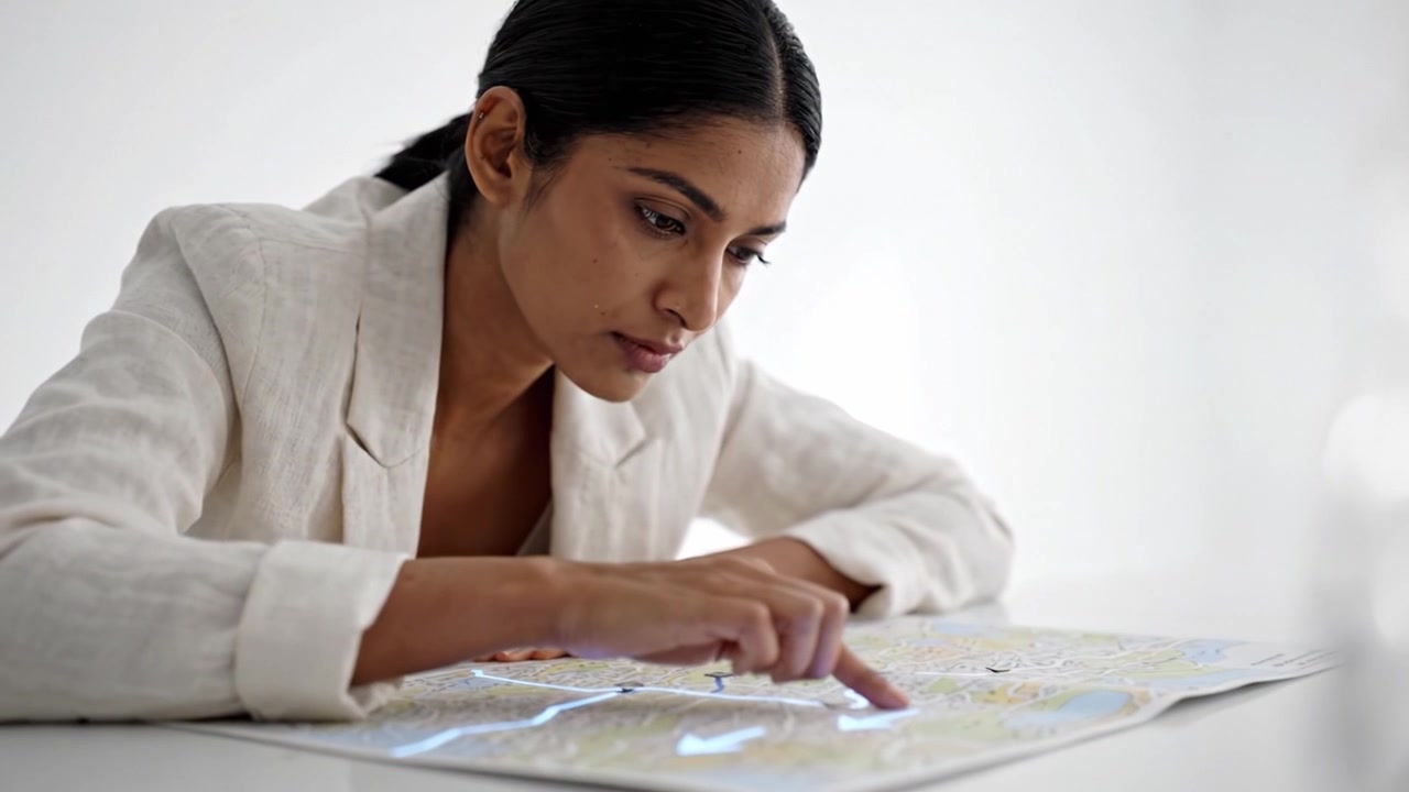 Focused exploration of a detailed map, highlighting navigation and destination planning as the main subject, showcasing a determined individual in a thoughtful pose.