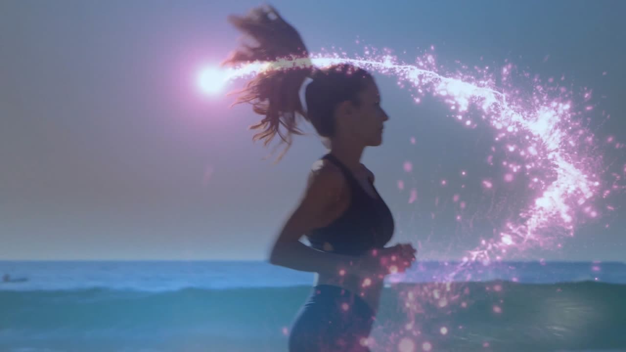 Female runner jogging along beach for fitness, pink spark arcing above water and wrapping trail