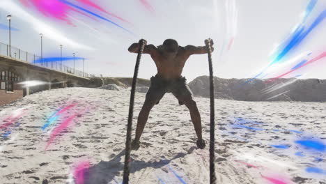 animation of glowing lights over an exercising african american man