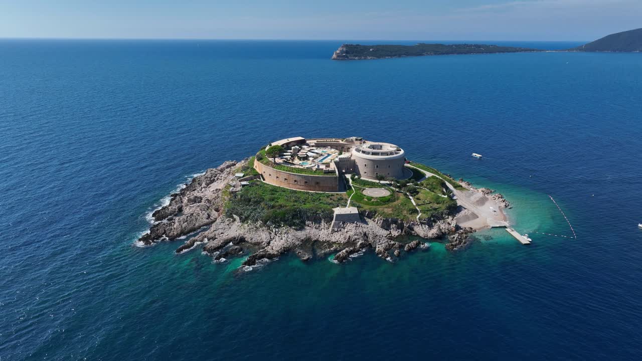 Aerial View Of Mamula Island Hotel Surrounded By The Blue Sea In Montenegro.