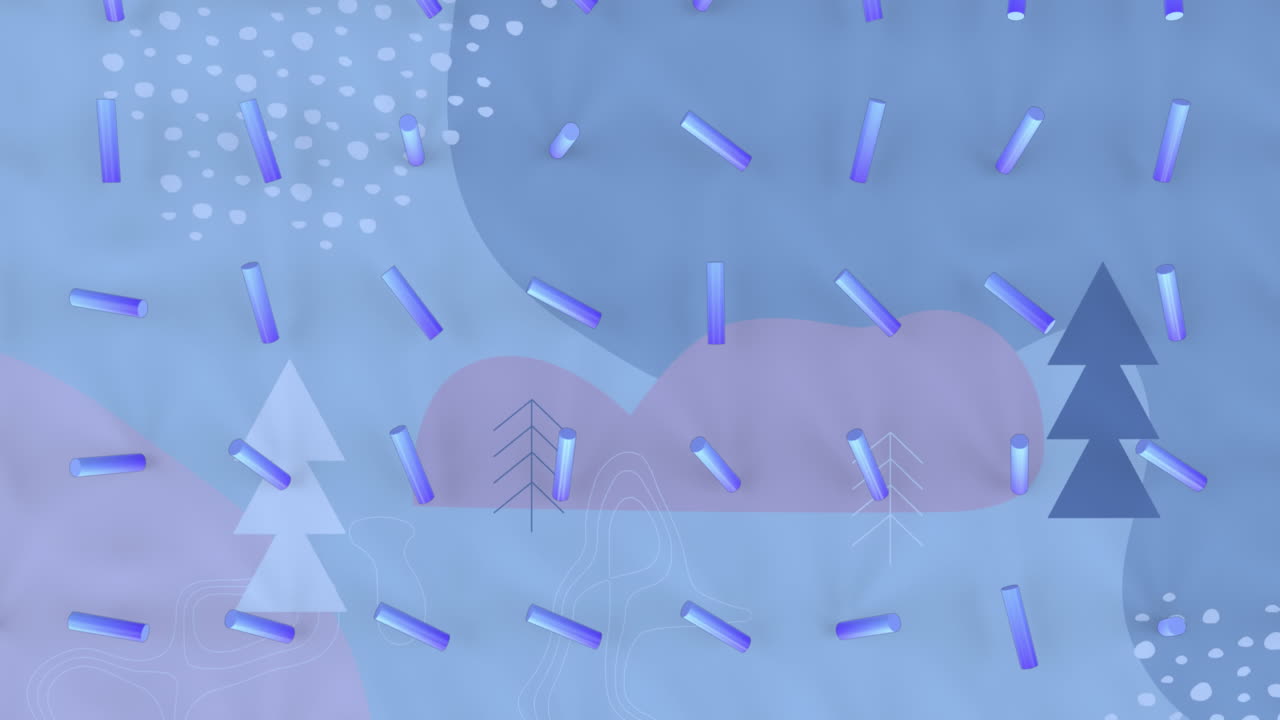 파란색 배경에 크리스마스 트리 아이콘 위에 파란색 추상적인 모양의 애니메이션