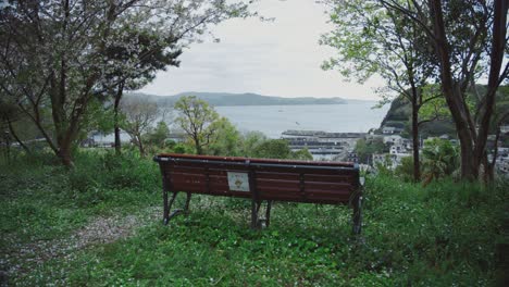 울창한 초록색과 바다 전망을 가진 조용한 해안 마을을 내려다보는 벤치