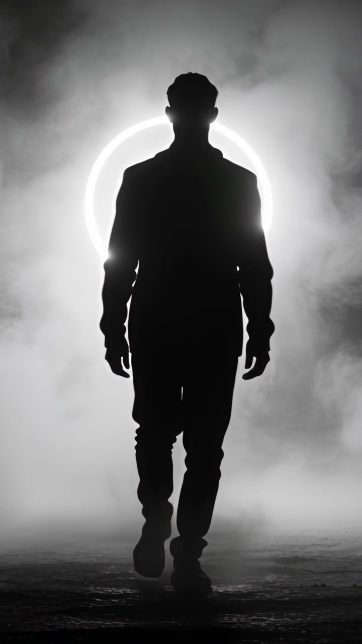Vídeo vertical: Ring light acendendo, homem caminhando para frente em um palco esfumaçado, alinhando o halo com blazer.