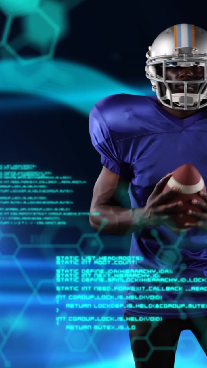 Mandlig rugbyspiller med databehandling i baggrunden