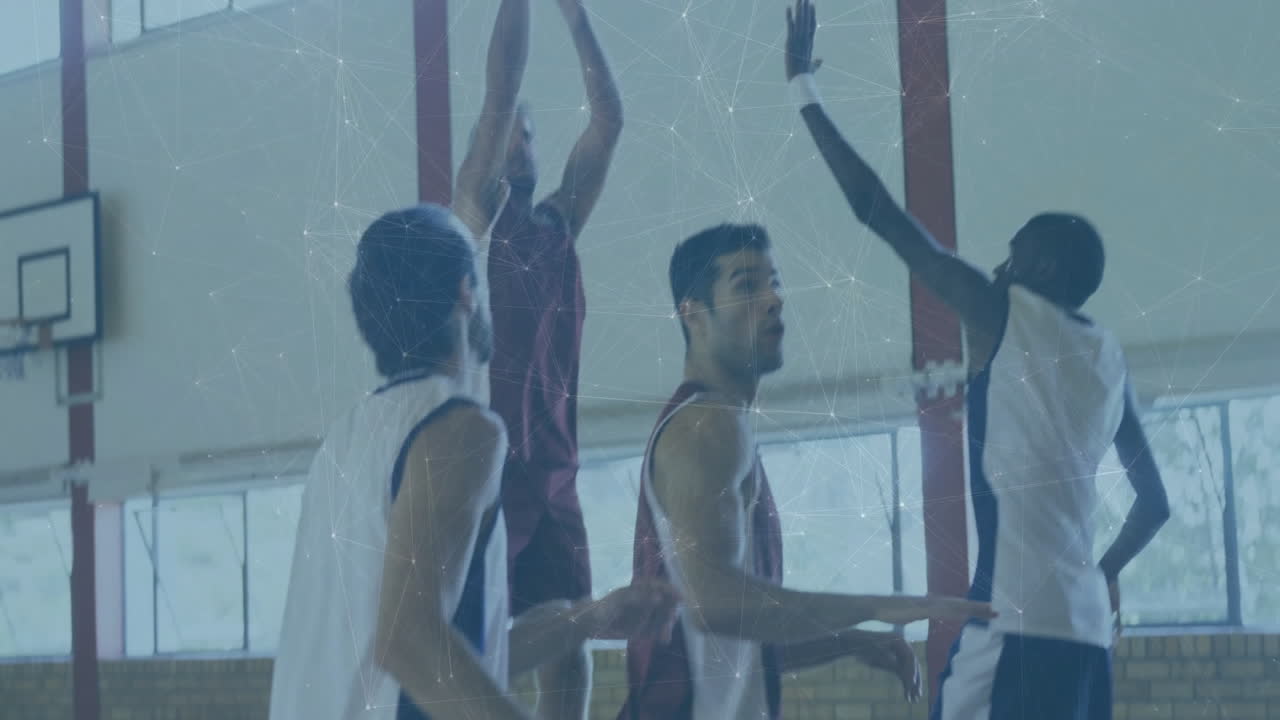 Playing basketball, athletes with animated network connections overlay on court