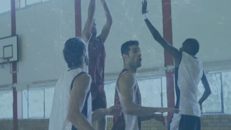 playing basketball, athletes with animated network connections overlay on court