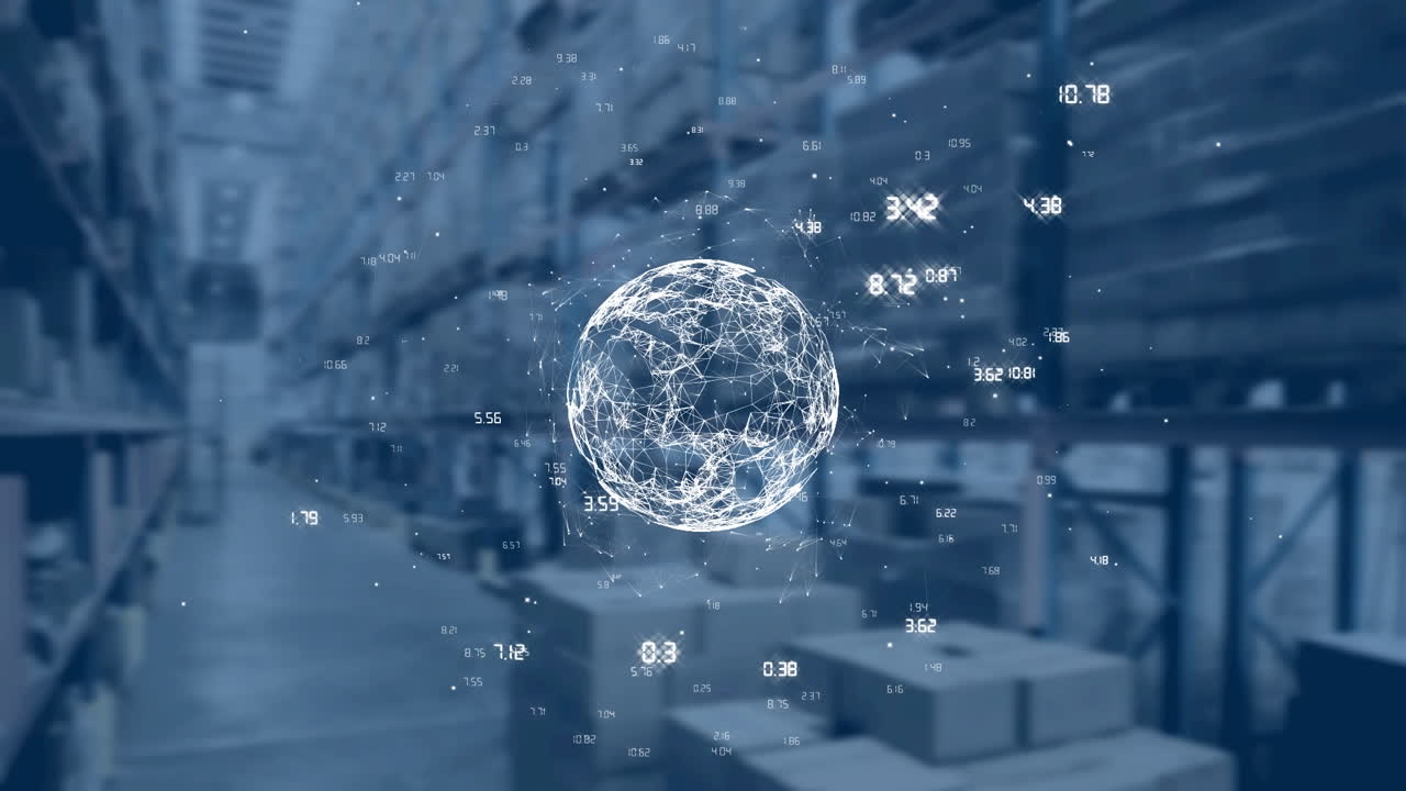 배경에 창고에 대해 회전하는 연결 네트워크의 세계