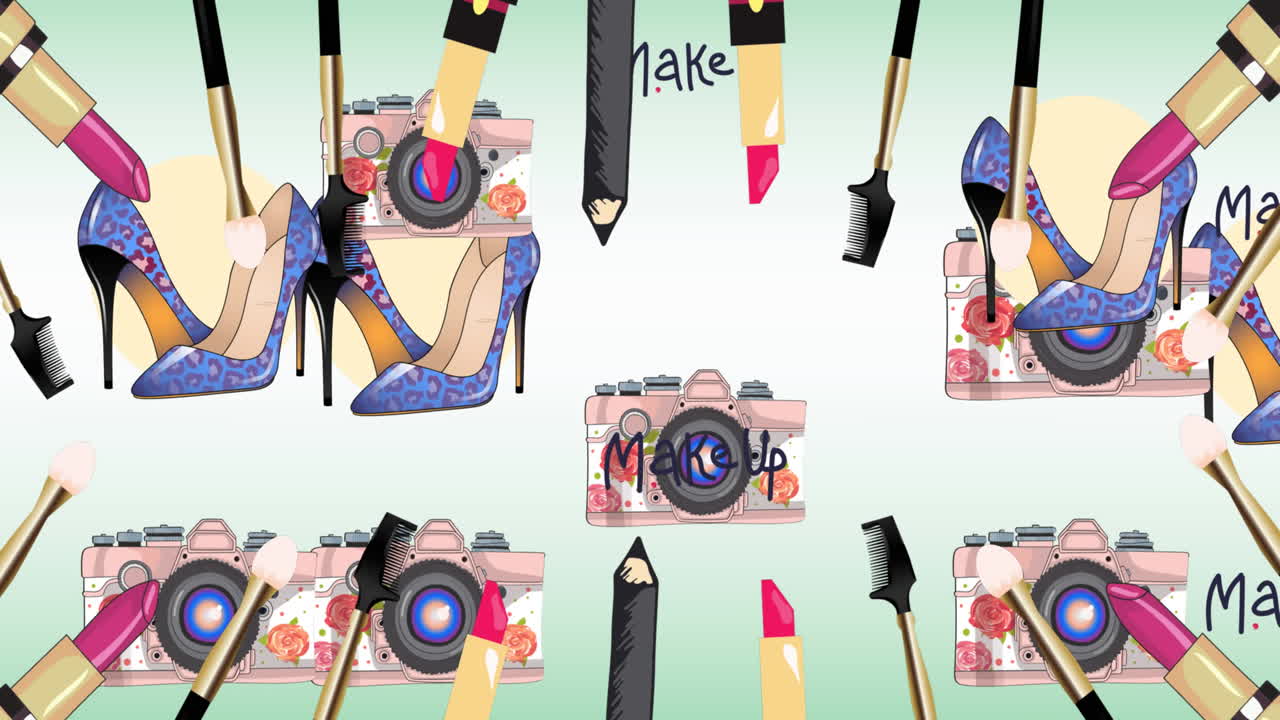 분홍색 배경에 신발과 카메라의 애니메이션