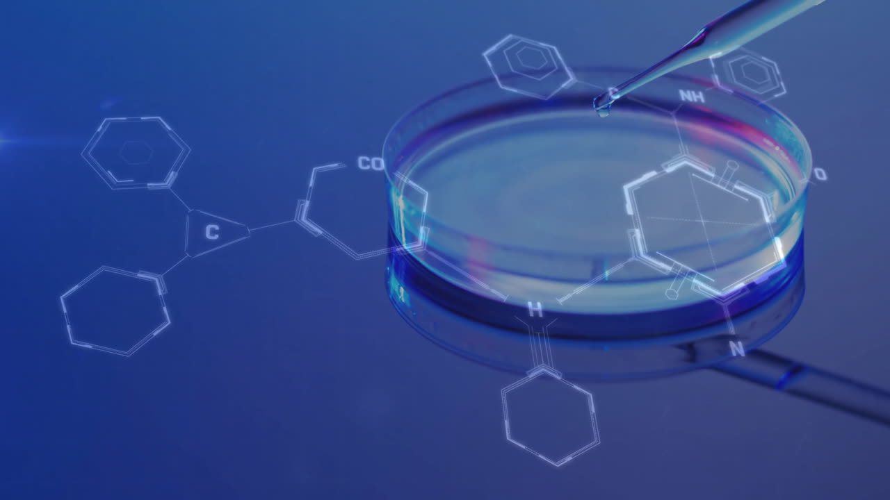 파란색 바탕에 실험실 접시 위에서 과학 데이터 처리의 애니메이션