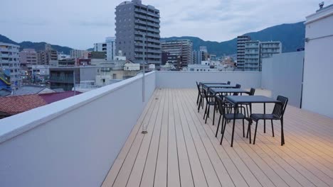 early morning in kure city, hiroshima, panning establishing shot on cloudy day