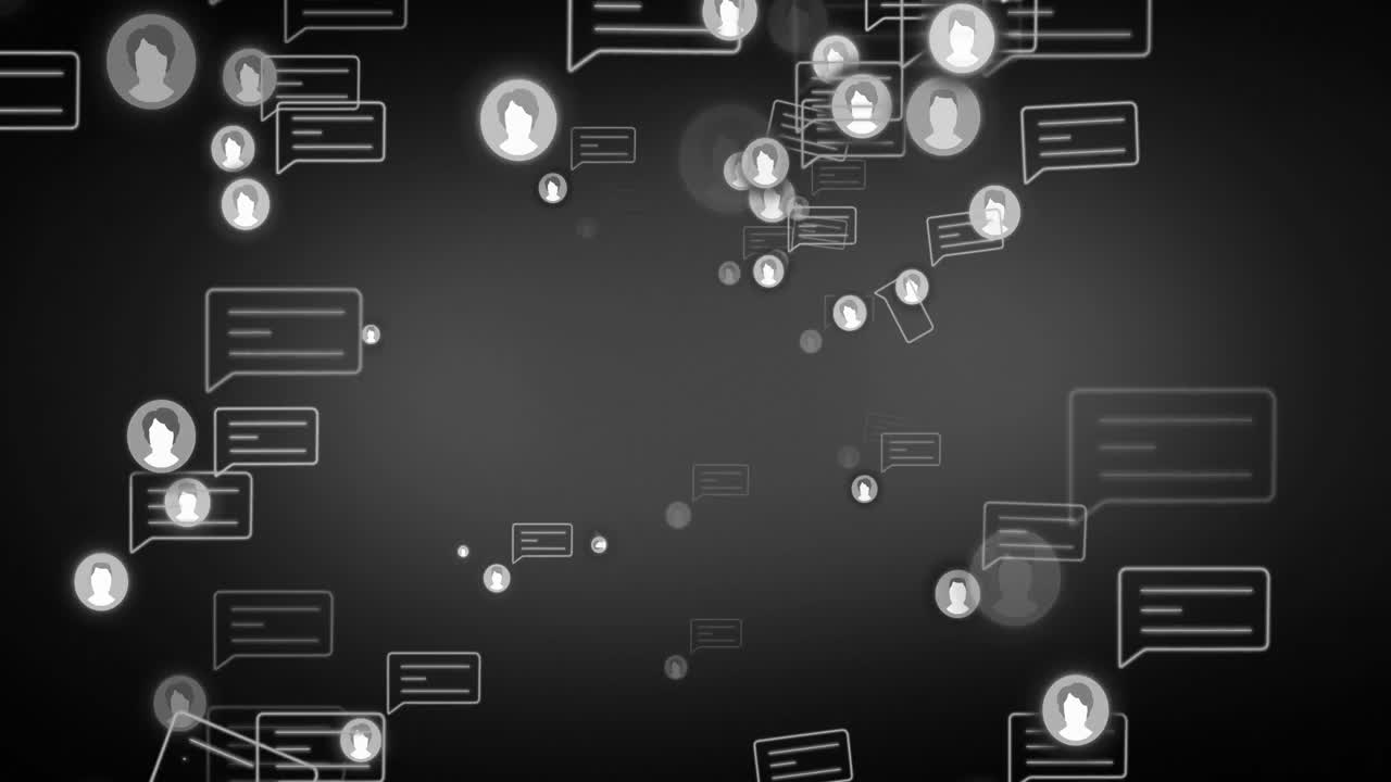 Animation of social media icons and speech bubbles on black background