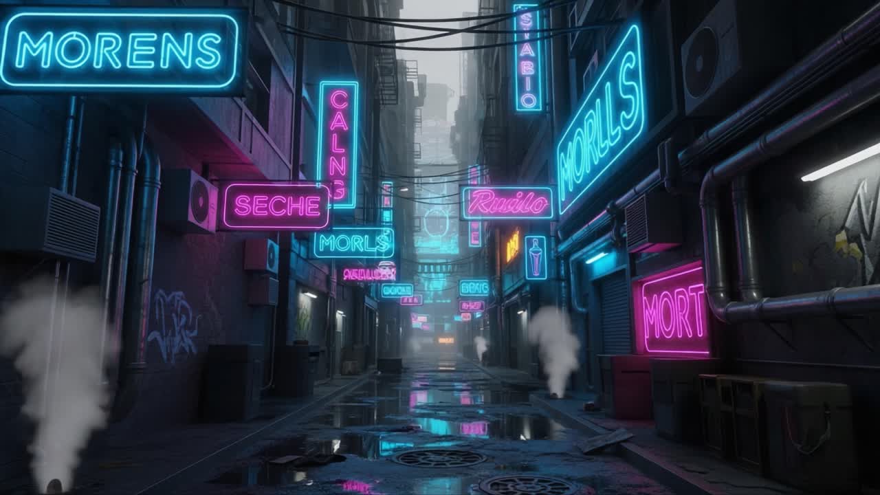 A Mysterious Neon Alley: Exploring the Atmospheric Depths of a Futuristic Urban Environment Bathed in Glowing Signs and Puddles Amidst Foggy Conditions