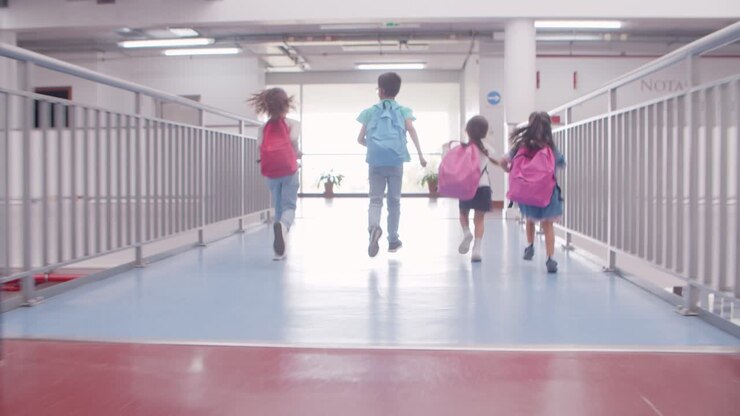 Excited schoolkids of different ages running through the hallway to reach to the window