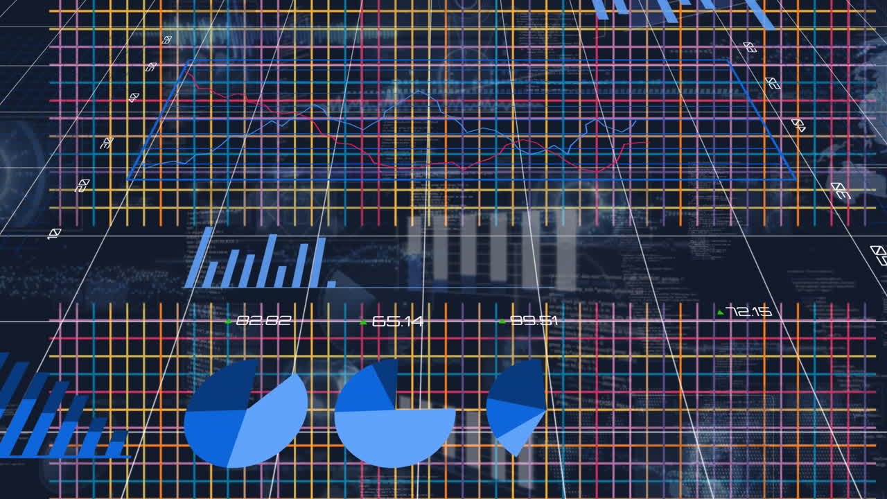 Animation of multicolored grid patterns, infographic interface, circle against abstract background