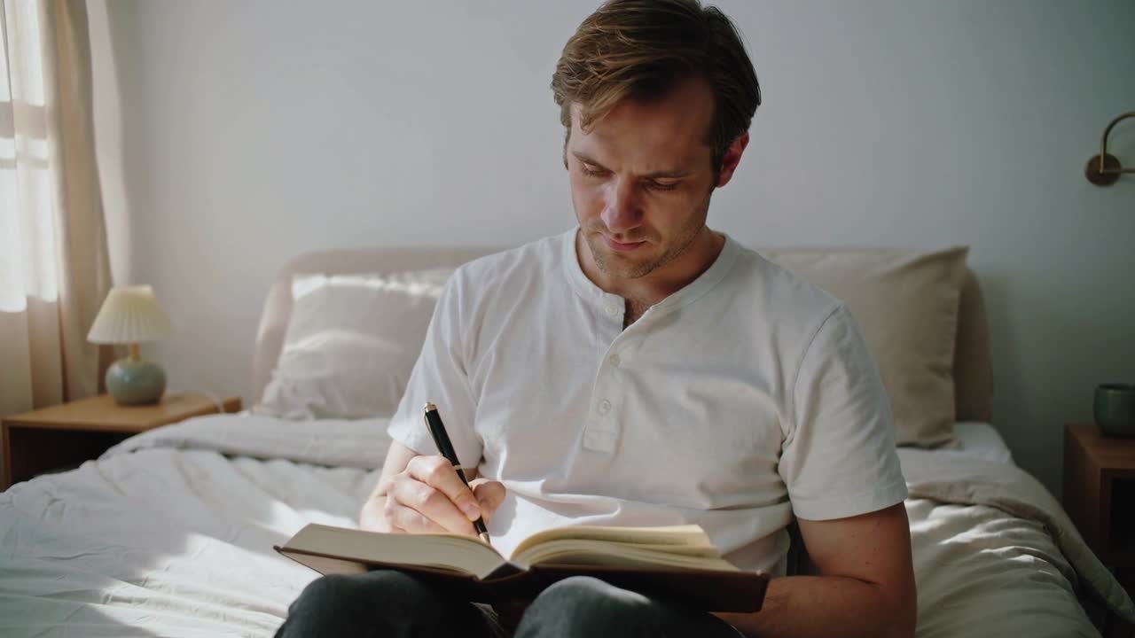 Uomo adulto con una maglietta henley bianca si sistema, illuminato da una soffusa luce dalla finestra, mentre scrive sul suo taccuino a letto.