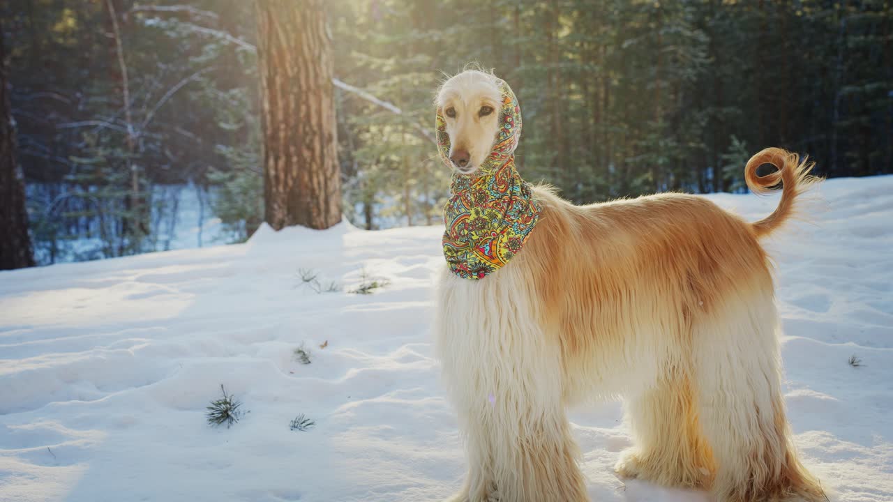 A graceful Afghan Hound in a colorful scarf, in a snowy forest