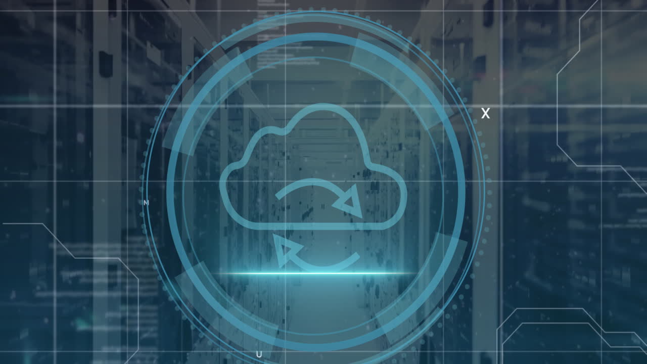 animación del icono de la nube y procesamiento de datos a través de servidores informáticos