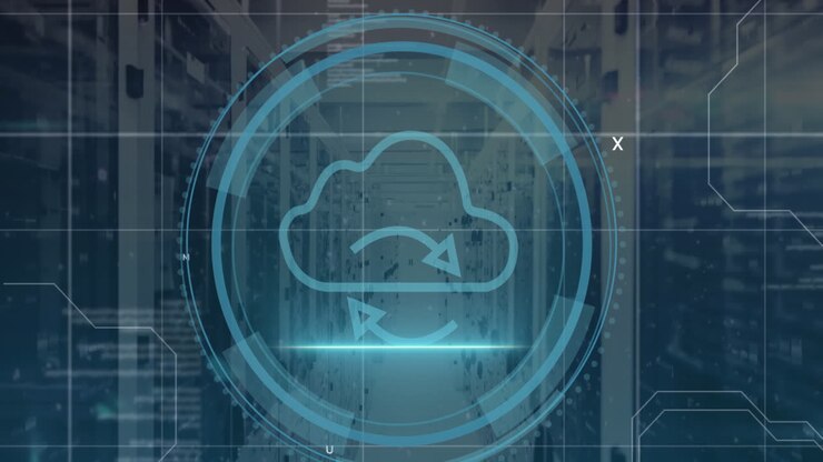 Animation of cloud icon and data processing over computer servers
