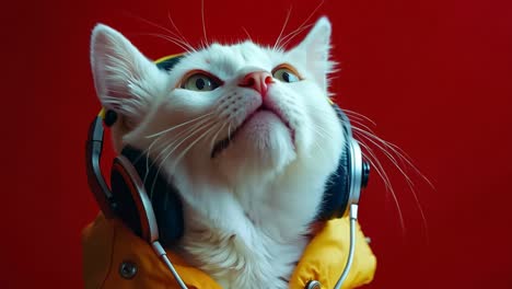 un gato blanco con una chaqueta amarilla y auriculares