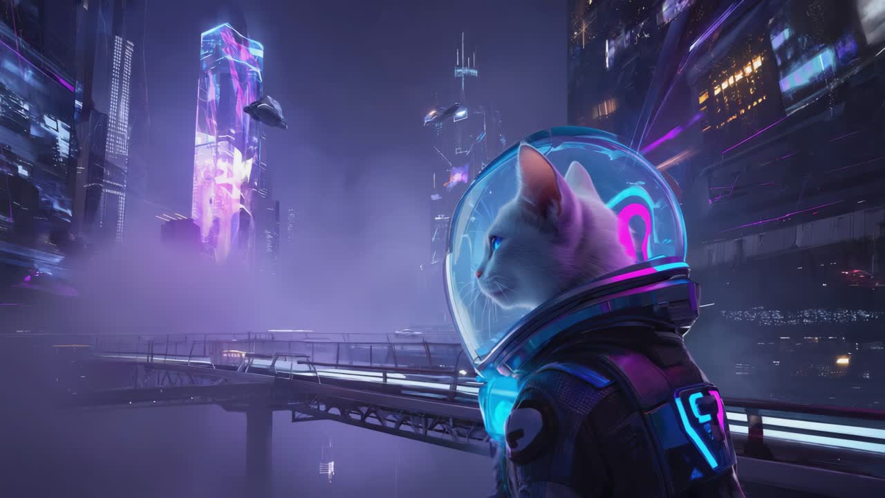 A cat astronaut in a cyberpunk city