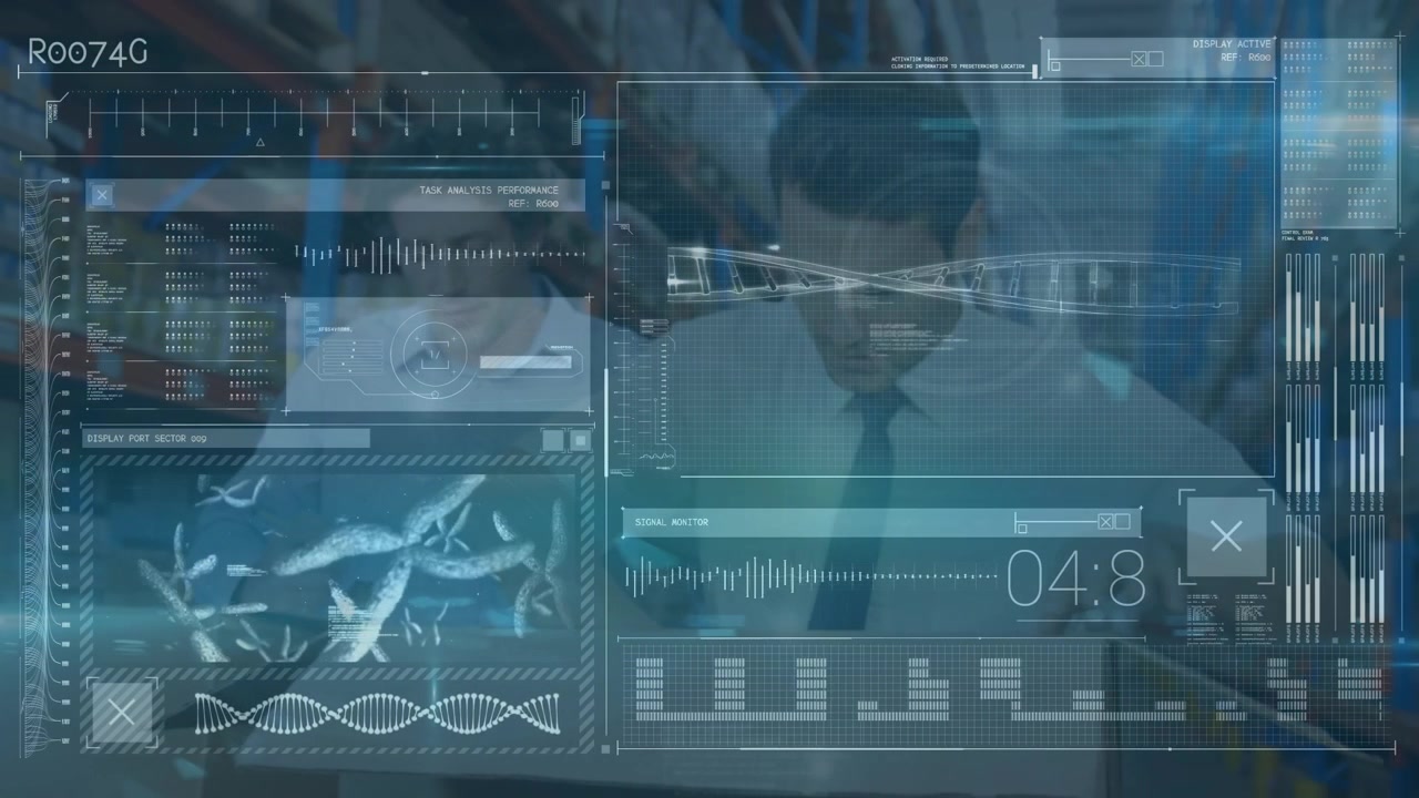 Animation of digital interface over caucasian warehouse workers