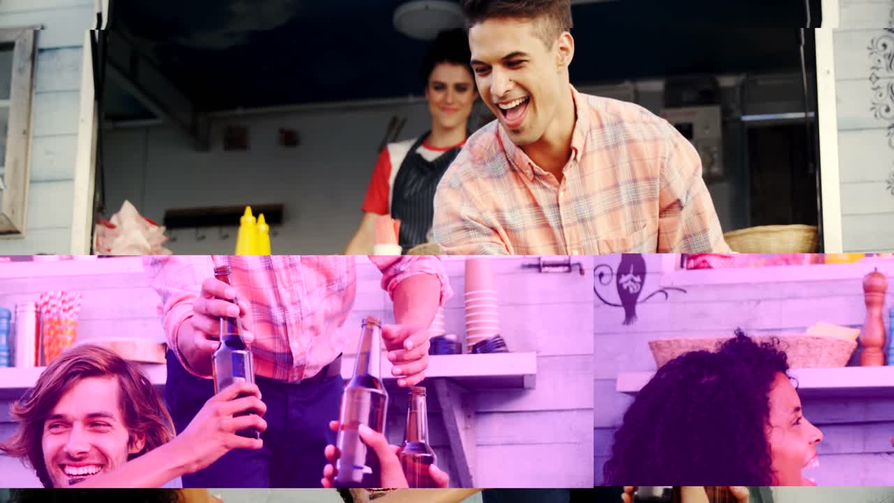 grupo de amigos brindando una botella de cerveza mientras comen