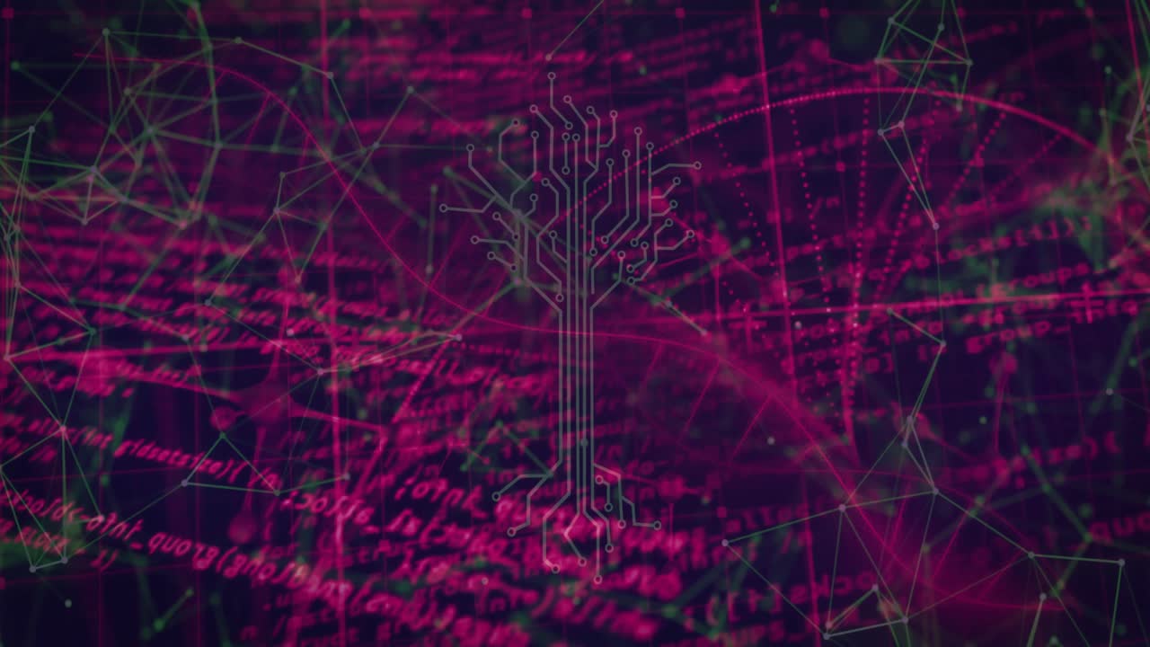 At two seconds crimson code streaming while green nodes pulsing circuit tree mapping data flow