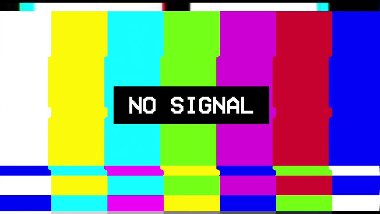 Schermo TV retrò "Nessun segnale" con glitch e barre colore