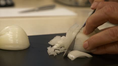 cutting cebola onion on chopping board with knife