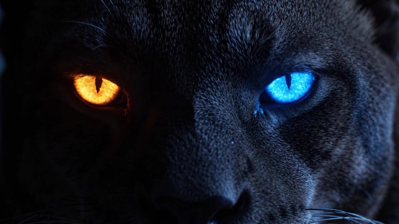 Un primo piano mozzafiato di un gatto con occhi bicolori ipnotizzanti: uno illuminato di arancione fuoco e l'altro di un blu freddo, che cattura il fascino della bellezza felina