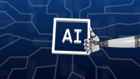 animación de una mano robótica con cerebro con un texto en fondo azul