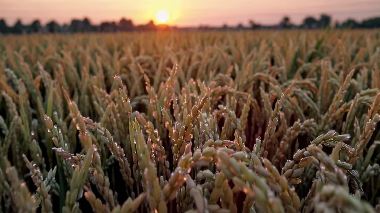 Low-angle video capturing a lush rice field at sunrise, highlighting dew-covered stalks with a warm