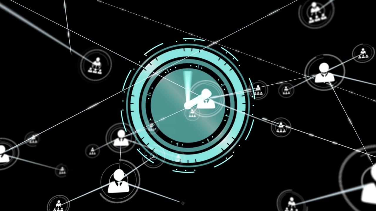 Animazione di rete di connessioni con icone su orologio in movimento su sfondo nero