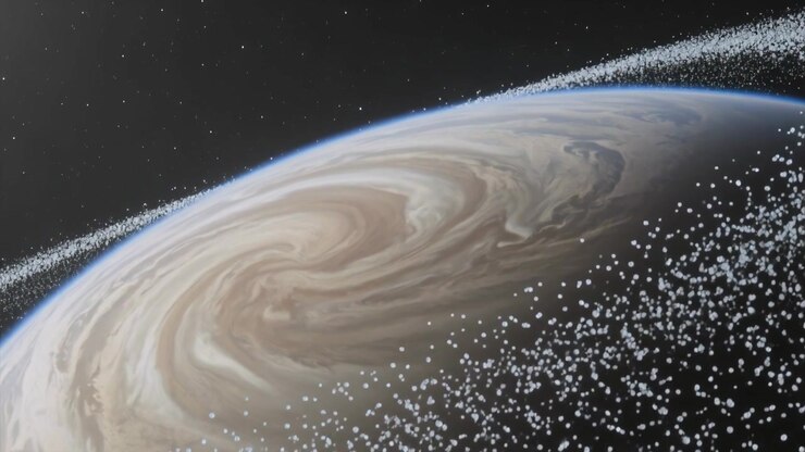 Panning probe camera revealing swirling gas giant at limb in space, showing particle ring for study