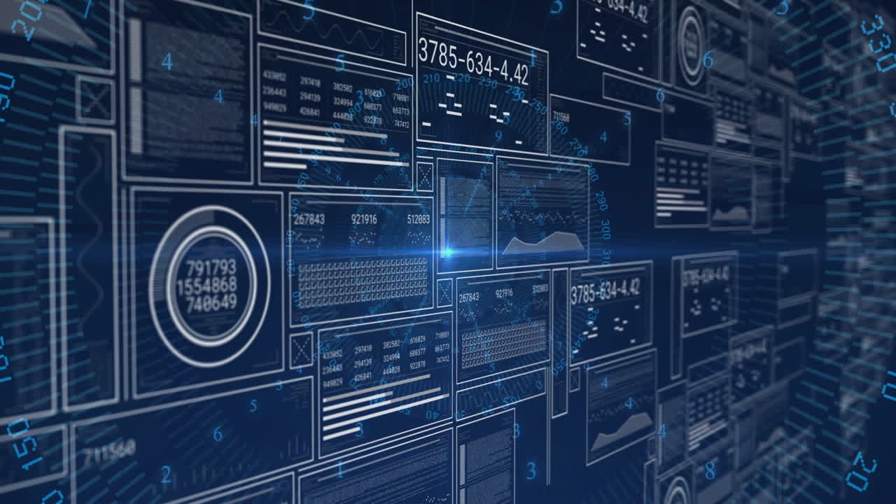 Displaying graphs and numbers, digital data panels in futuristic blue animation