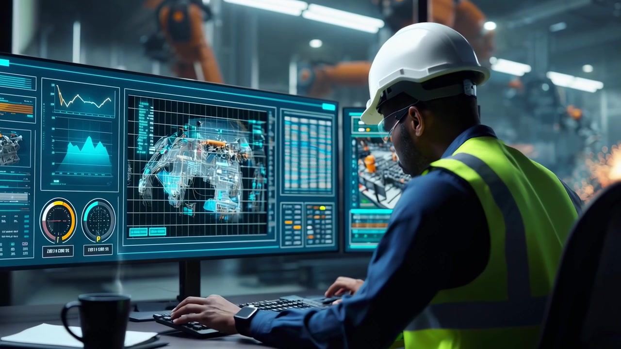 Engineer Monitoring Production Data and 3D Models in a Modern Factory