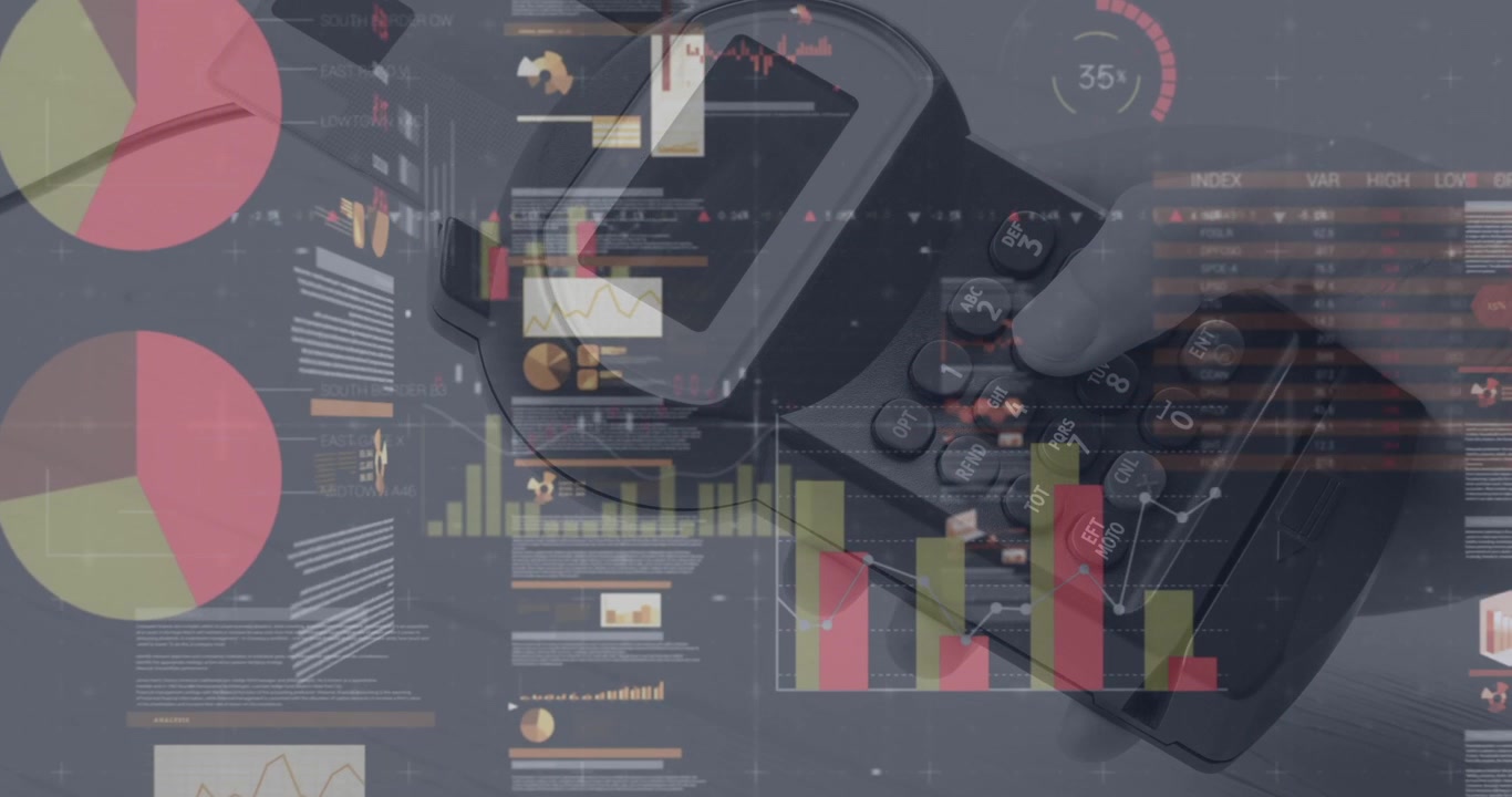Animation of graphs and financial data over hand of caucasian man holding payment terminal
