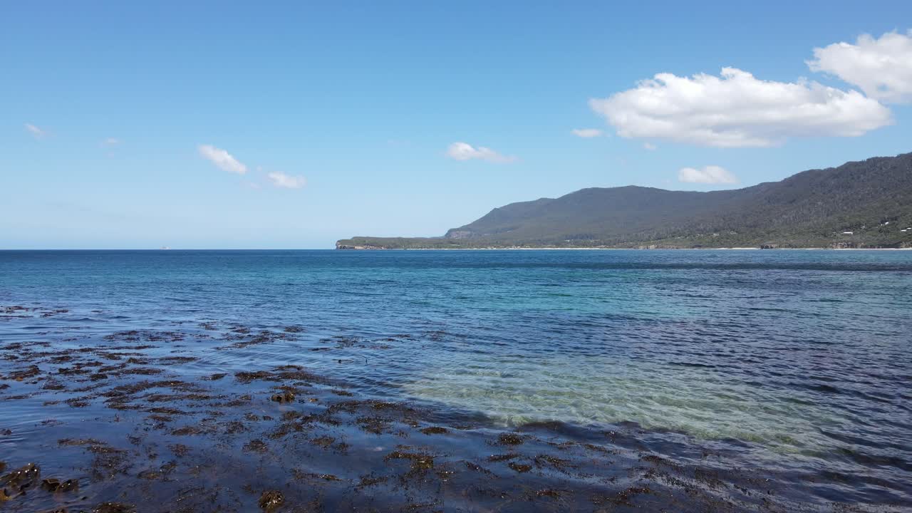 화창한 날 타즈매니아 산 앞 열대 푸른 물 위로 드론 공중 이동