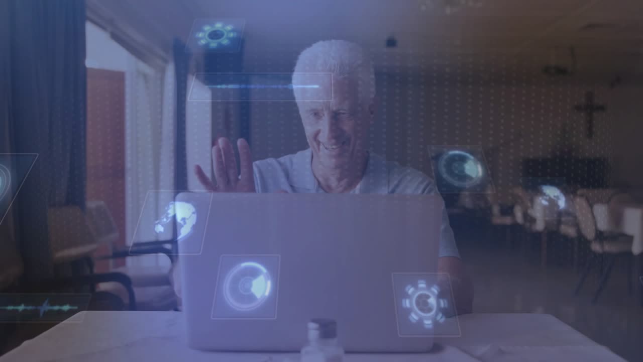 Senior man swiping panel as translucent globe icons materializing for technology data exploration