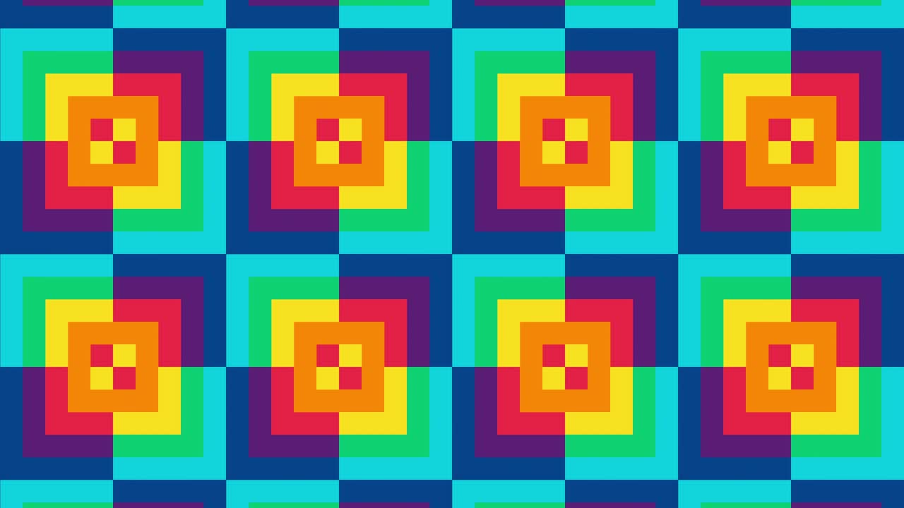 Rainbow background in abstract motion graphics lines pattern. Simple geometric mosaic with multicolor tiles is animated in a seamless loop