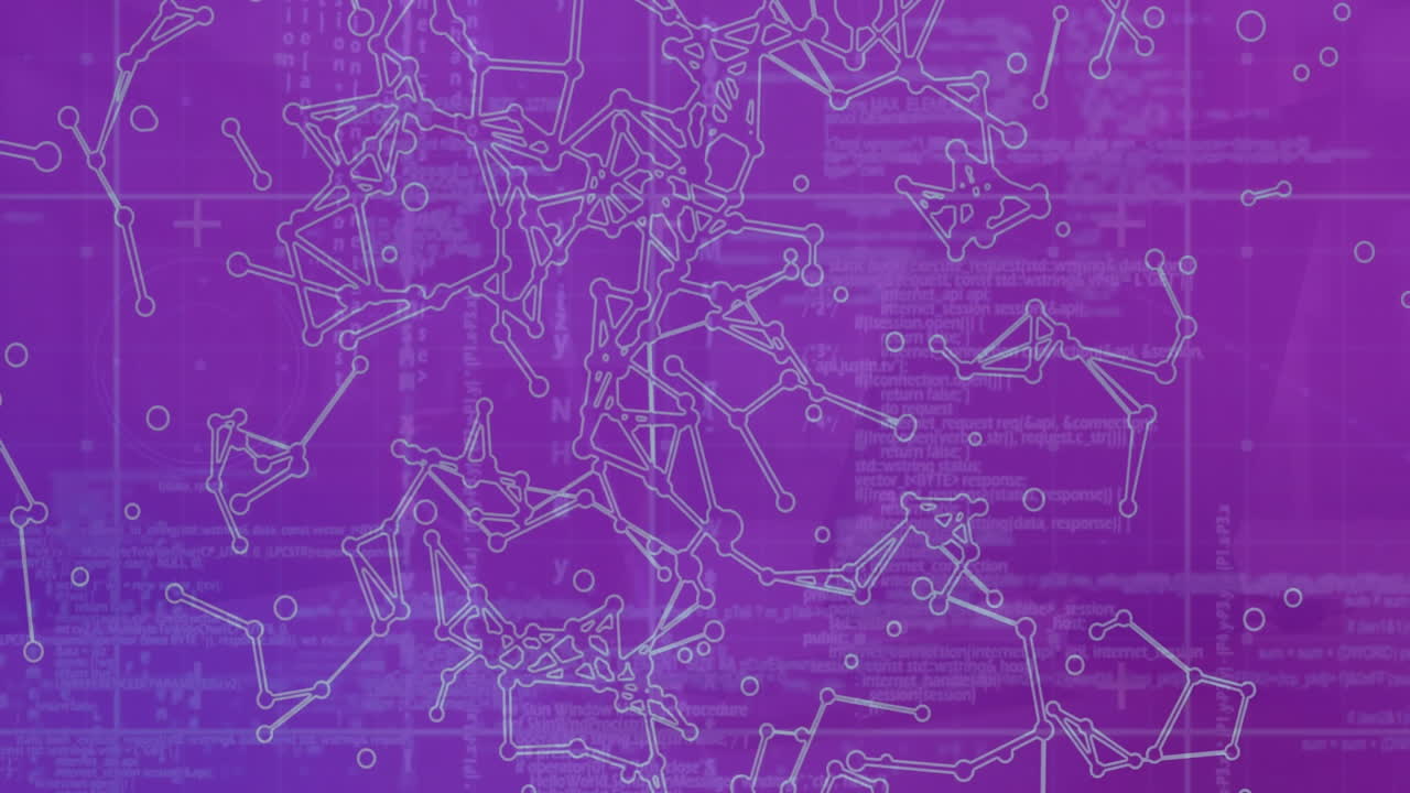 Network of connections and data processing animation over purple background