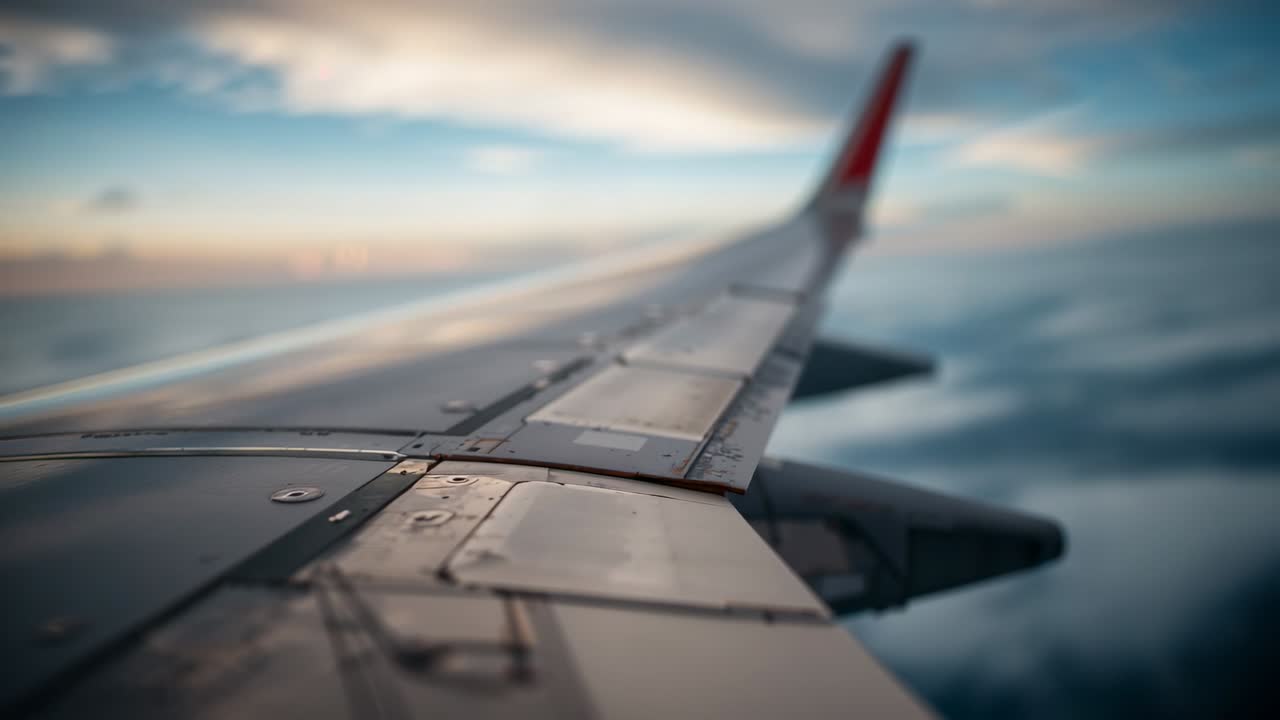 Hitting cruise altitude sending wing catching warm sunlight and clouds drifting below window frame