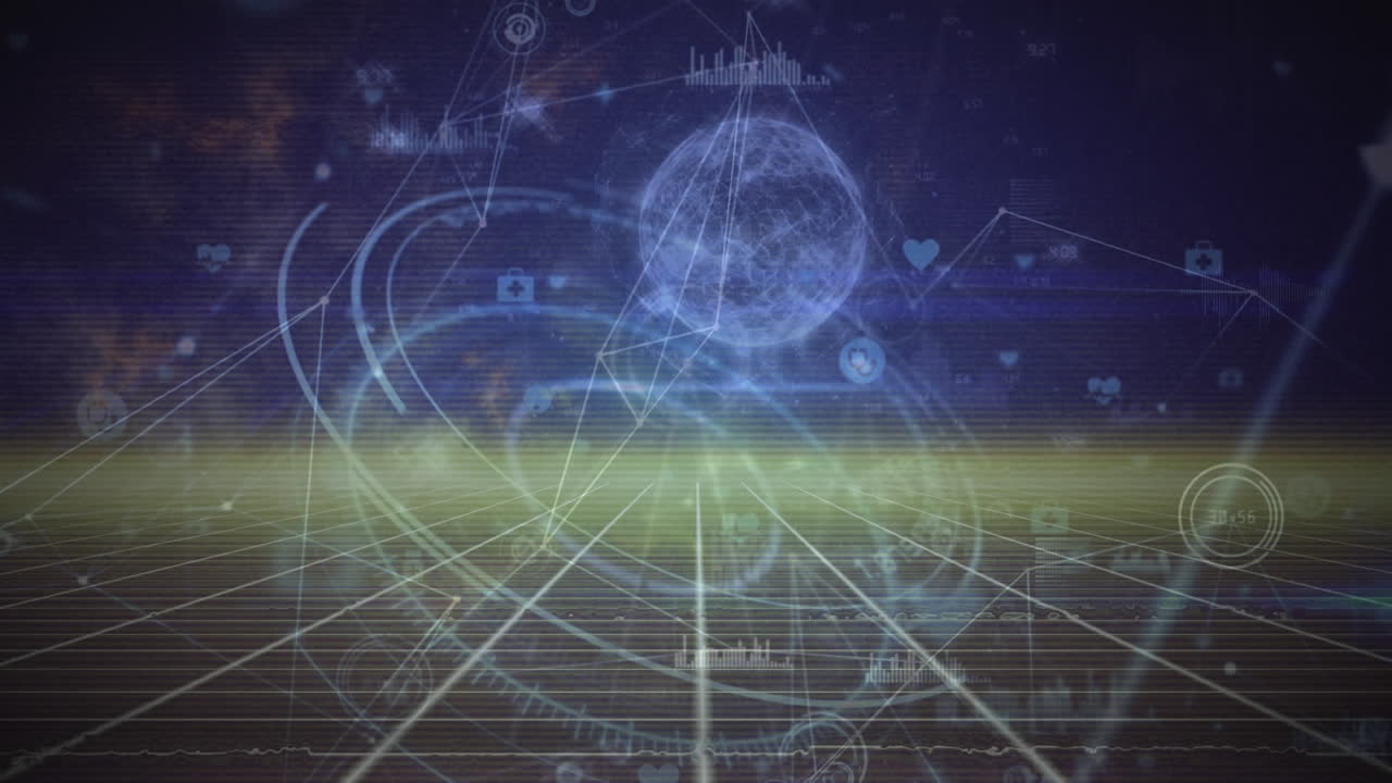 인포그래픽 인터페이스의 애니메이션으로 전 세계와 움직이는 원이 그리드 패턴을 배경으로 표시됩니다.