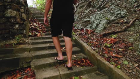 man walking up concrete stairwell in the forest which is remnants from an abandoned building