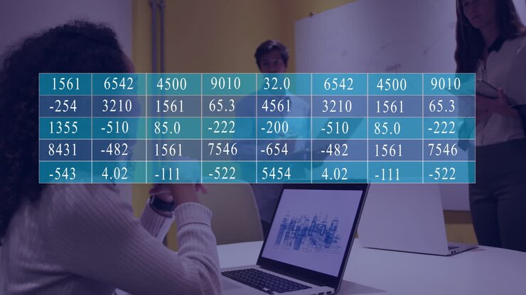 Animation of financial data processing over diverse business people in office