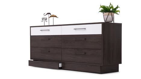 a stop motion video demonstration of a drawer feature on a expresso color wooden furniture bedroom dresser with pressure fit hinges against a white background