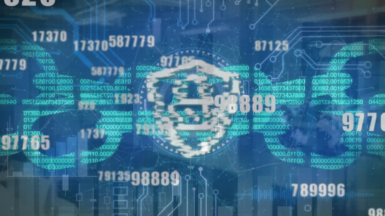 블록체인과 연결된 점에 대한 변하는 숫자에 대한 방패의 락의 애니메이션